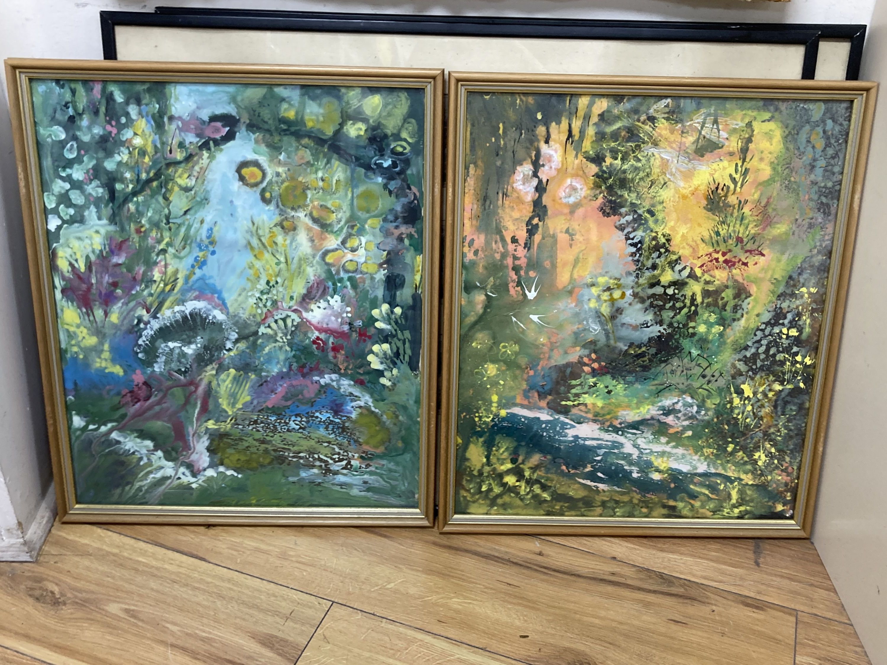 Margaret Rey, a set of four watercolours, The Four Seasons, initialled with labels verso, 45 x 37cm and a pair of hunting / coaching pr